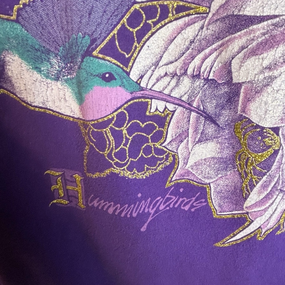 Vintage Hummingbird nature T Shirt Size Medium Single Stitch Glitter Floral 90s - Picture 3 of 6